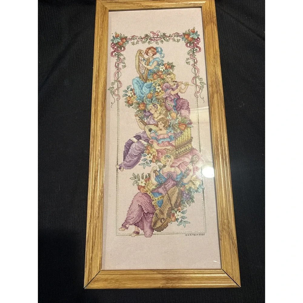 Vintage 2002 Framed Cross-Stitch Musical Angels Needlepoint 21.75x9.75 Inches